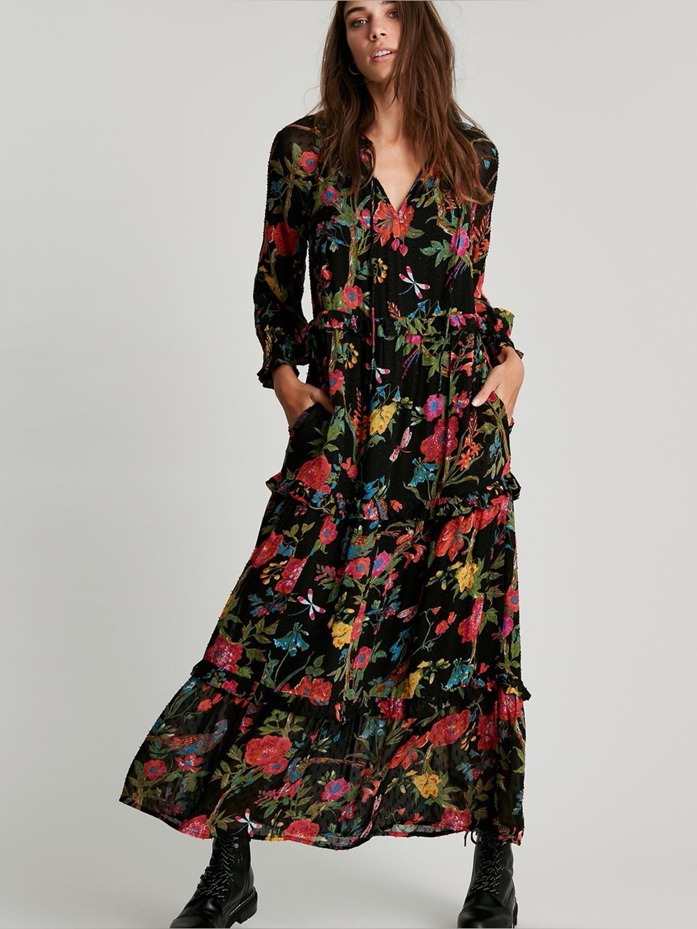 Joules Black Floral “Brooke” Long-Sleeve Midi Dress | Size 8